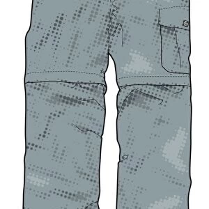 Digital illustration of grey convertible hiking trousers that unzip into shorts