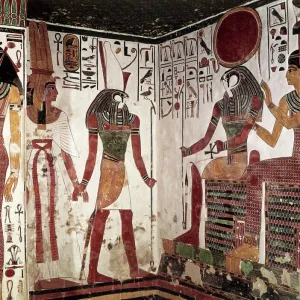 Egypt, Luxor, Valley of the Queens, Nefertaris Tomb, Details form frescos in vestibule with Harsiesi leading Queen and Imentet Hathor and Ra-Harakhti by the hand