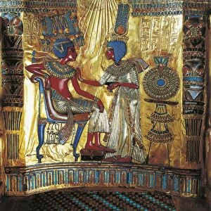 Egyptian civilization, Tutankhamens treasures, back of throne inlaid with cornelian, turquoise and lapis lazuli, scene with queen offering king drink, from Valley of Kings, Tutankhamons Tomb