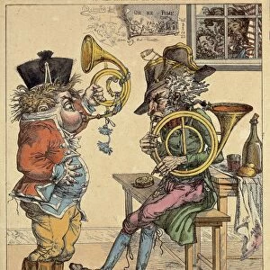 England, The horn lesson, caricature by Postiglioni, 18th century