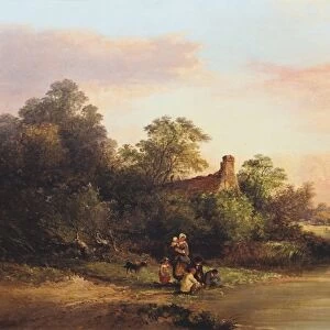 English landscape with cottage and stream. By EC Williams, British Painter. Oil on canvas