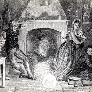 Family being terrified by a fireball or bolide, a large meteorite, falling down their chimney