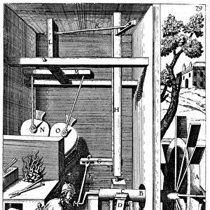 Forge showing bellows and hammer powered by an undershot water wheel through drive shaft