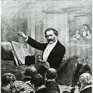 France, Giuseppe Verdi (1813-1901) conducting the orchestra at the premiere of Aida (1871) at the Opera of Paris