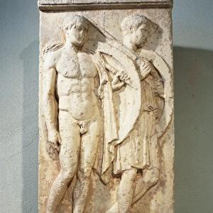 Funerary stele of two Hoplites, Chairedemos and Lykeas, one is naked and other is wearing chlamys, both are armed with spear and shield, from Salamis, Greece