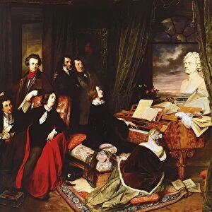 Germany, Berlin, Listz at piano with Alexandre Dumas, Victor Hugo, George Sand, Nicolo Paganini and Gioacchino Rossini