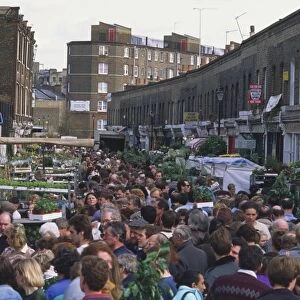 Great Britain, England, London, Columbia Road, crowded flower market, elevated view
