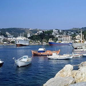 Greece, Corfu, Patriti, fishing boats and ships in harbour