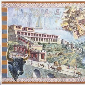 Greece, Knossos, reconstruction of the Minoan palace, illustration
