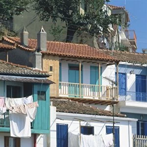 Greece, Skopelos, Glossa, whitewashed houses with colourful doors and shutters
