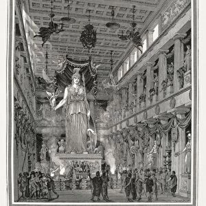 Greek civilization, Reconstruction of interior of Parthenon with statue of Athena by Phidias, Engraving from drawing by E, Thiersch