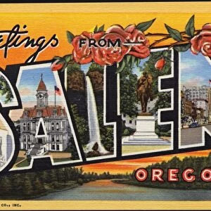 Greeting Card from Salem, Oregon. ca. 1939, Salem, Oregon, USA, SALEM-the Capital City of Oregon is located in the beautiful Willamette Valley about 50 miles South of Portland. It is a city of fine homes, wide streets, beautiful public buildings and parks. Population over 27, 000. S-The Capitol: A-Marion County Court House: L-Silver Creek Falls: E-Statue of The Circuit Rider: M-State Street