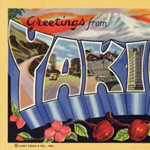 Greeting Card from Yakima, Washington. ca. 1943, Yakima, Washington, USA, Y-Yakima-Ellensburg Highway: A-Yakima Avenue: K-Congdon Residence: I-Larson Building: M-Naches Avenue: A-Orchard Scene