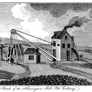 Harrington Pit Mill Colliery. Early 19th century pit head, showing steam engine house