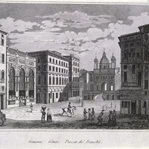 Italy, Genoa, Piazza Banchi (Bank Square), with Loggia of Merchants on left and Church of San Pietro in Banchi in centre, engraving