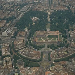 Italy, Lombardy Region, Milan, Aerial view of Castello Sforzesco (Sforza Castle) and Sempione Park