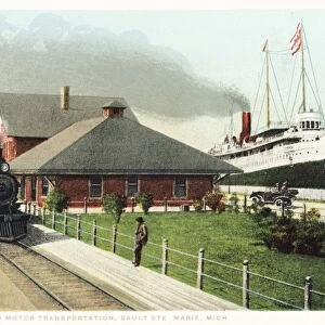 Lake, Rail and Motor Transportation, Sault Ste Marie, Mich. Postcard. ca. 1915-1925, Lake, Rail and Motor Transportation, Sault Ste Marie, Mich. Postcard