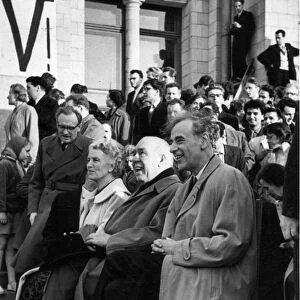 Lev landau (front row, right), soviet nobel prize-winning physicist at a celebration honoring him on his birthday, second left: nils bohr, president of danish academy of sciences, moscow, ussr