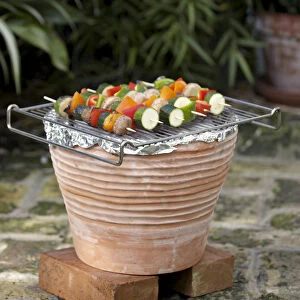 Makeshift barbecue, terracotta plant pot covered with tinfoil resting on two bricks, vegetable kebabs