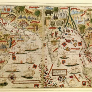 Map of India and Indian Ocean by Pedro and Jorge Reinel, Lopo Homen, cartographers and Antonio de Holanda, miniaturist from Miller Atlas, 1519