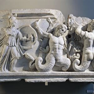 Marble relief depicting Battle of Gods and Giants, detail of goddess Artemis and half human, half snake deity, from Aphrodisias (Turkey)