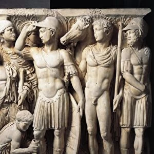 Marble sarcophagus with relief depicting Achilles at court of King Lycomedes, 240 a. d. circa, detail of Achilles wearing armor