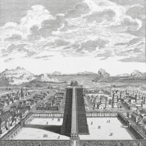 Mexico, Mexico City, Tenochtitlja!n, the great Teocalli on Templo Mayor (16th century), European engraving from 18th century