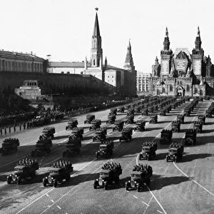 Motorized infantry during a military parade in red square celebrating the 23rd anniversary of the great october socialist revolution on november 7, 1940