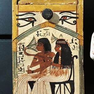 Painted wood shabti box of Khabekhent, deceased sitting with his wife, detail