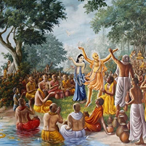 Painting at Bhaktivedanta Manor depicting Lord Caitanya, Lord Nityananda and their followers on the banks of the river Ganges