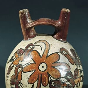 Peru, Pre-Inca civilization, Nazca culture, Double spout and bridge vessel with painted hummingbirds around flower