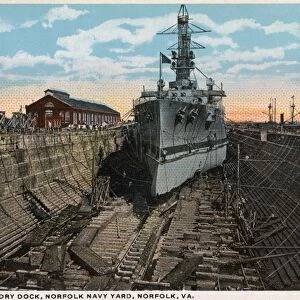 Postcard of a US Battleship in a Navy Dry Dock. ca. 1913, A US battleship in drydock at the Norfolk Navy Yard