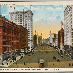 Postcard of Second Avenue in Seattle. ca. 1913, Looking up Second Avenue from James Street, Seattle, U. S. A