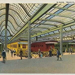 Postcard of Union Station. ca. 1900-1920, Train Platform and sheds, The Union Station, Chicago, Illinois. Over its four railroads, more than 50, 000 people leave or enter the Union Station daily. Its train-sheds are nearly one-half mile in length having a area of 460, 000 square feet. H-3405