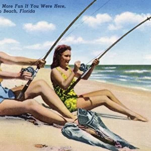Postcard of Women Fishing on a Florida Beach. ca. 1941, Fishing Would Be More Fun If You Were Here, Vero Beach, Florida