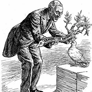 US President Wilson giving the Dove of Peace an olive branch labelled League of Nations