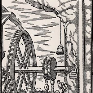 A rag-and-chain pump powered by an overshot water wheel being used to drain a mine