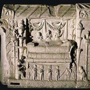 Relief depicting a lamentation over a deceased woman lying on a bed, with four candelabra, two mourners, a woman crowning her, a flutist and some figures in prayer. From the Tomb of the Haterii, Centocelle, Rome