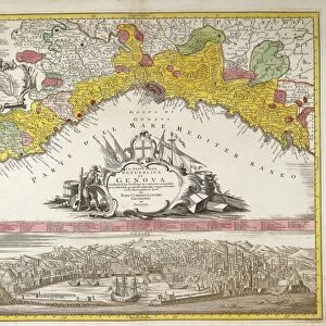 Republic of Genoa, Map by Tobia Corrado Lotterio with view of Genoa by F. B. Weber, Augsburg, Copper engraving, 1770