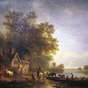 River landscape with rustics and horses at a ferry by moonlight. Smithy and half-timbered