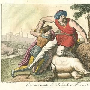 Roland and Ferragus. The hero Roland killing the giant Ferragus. From the old French