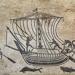 Roman mosaic depicting a ship with crew at work, from the domus in Diotallevi Palace at Rimini, Italy