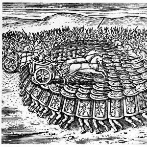 Roman soldiers making a Tortoise with their shields strong enough for chariots to drive over