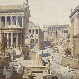 Rome, Roman civilization, ideal reconstruction of the Roman forum, the temple of Vesta, engraving by J. Hofbauer, 1911