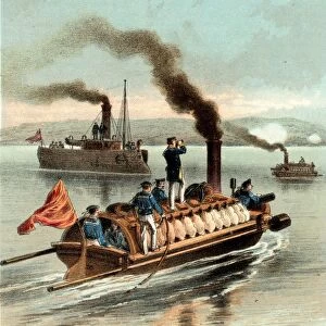 Russian torpedo boats on the Danube. Russo-Turkish War, 1877. Chromolithograph