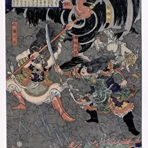 Samurai warrior in battle against monkeys. Nineteenth century Japanese coloured woodblock print