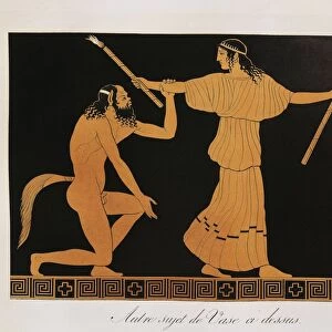 Scene from ancient Greek vase with Kneeling Faun asking a Maenad for forgiveness by Piringer (after Greek original), engraving