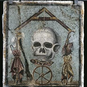 Second style opus vermiculatum mosaic on Memento mori with skull and plumb-rule, from Pompei