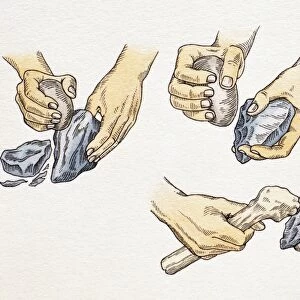 Sequencem, making flint tools and weapons using rocks, hands holding rocks