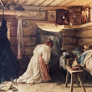 Sick husband a painting by vasily maximov, 1881